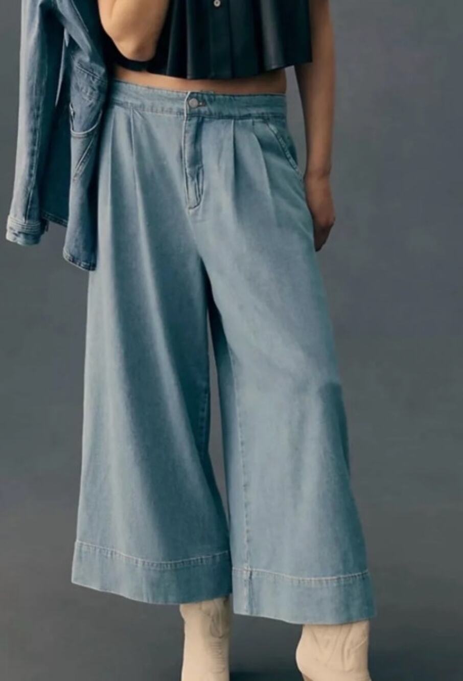 130 NWOT Pilcro Pleated High-Rise Wide-Leg Culotte Jeans | Size Small